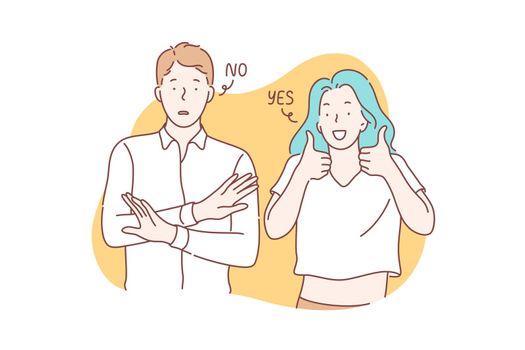 Yes or no concept. Young couple shows opposite emotions. Frightened man or boy is showing stop sign and saying no. Happy woman or girl demonstrates approval, says yes and puts like. Simple flat vector