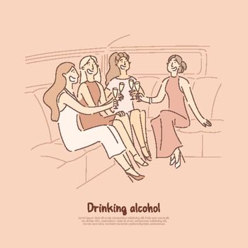 Women sitting in elite car with glasses, celebrating bachelorette party with girlfriends, having toast in seat of limo banner. Drinking alcohol cartoon concept sketch. Flat vector illustration