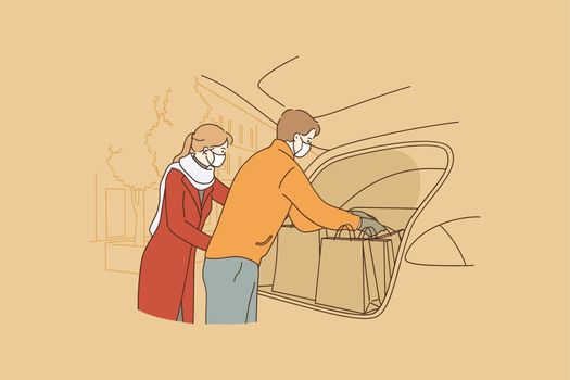 Shopping during coronavirus epidemic concept. Young family wearing medical protective face masks taking shopping bags from car after shopping during COVID-19 pandemic vector illustration