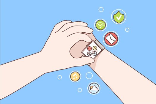 Technology, watch, gadget, innovation concept. Human hands using digital smart watches with multiple functions on wrist. Digital fashionable innovative portable future devices for usage illustration.
