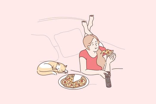 Home rest, pet, leisure time concept. Young happy woman cartoon character or girl lies on bed at home with pet cat eats pizza and watching television. Recreation and relaxation lifestyle illustration.