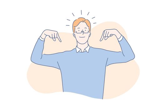 High self esteem concept. Proud young man pointing at himself with both hands, confident, successful handsome guy bragging, narcissistic, arrogant, charming leader. Simple flat vector