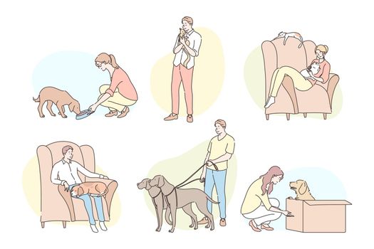 People with pets set concept. Collection of different young people owners, men women boys girls spending time with their pets, cats and dogs. Love and care, lifestyle. Simple flat vector illustration.