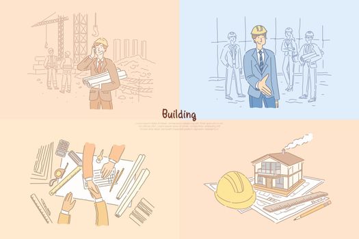 Building industry, construction site, young architect holding draft, business meeting, negotiation banner. Engineer, foreman, builder profession concept cartoon sketch. Flat vector illustration