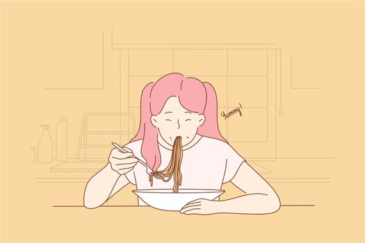 Childhood, cooking, food, pasta concept. Young happy hungry child kid girl eating tasty delicious spaghetti bolognese at home kitchen. Breakfast lunch or supper meal and healthy lifestyle illustration