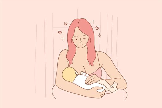 Motherhood, childhood, love, care, food concept. Young happy woman mom cartoon character feeding little hungry child baby infant son with breast. Mothers day and everyday meal for newborn illustration