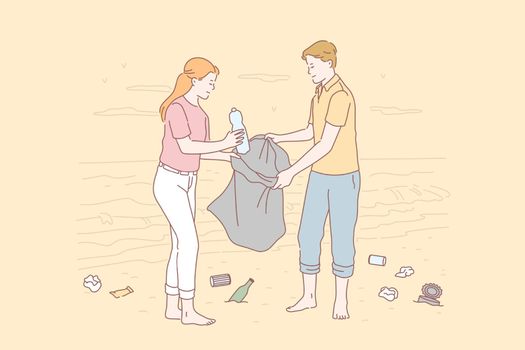 Volunteer, eco, environment, pollution concept. Young happy people man, woman clean the coastal area of debris. Enterprising boy, girl students are responsible for the environment. Flat simple vector.