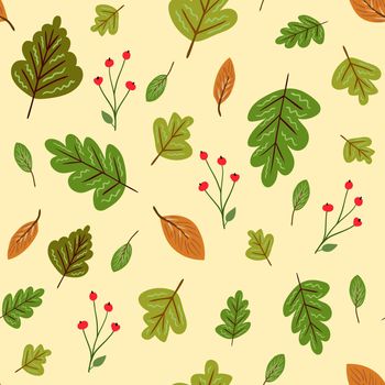 Seamless vector pattern in autumn colors with mushrooms, leaves, etc. Wallpaper, scrapbooking, textie and other surface design.