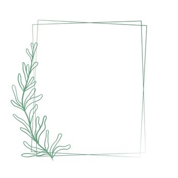 Beautiful double rectangular frame with a graceful elongated branch with sheets, vector illustration. Botanical template for congratulations or invitations. Hand drawn graphics, natural contour with leaves.