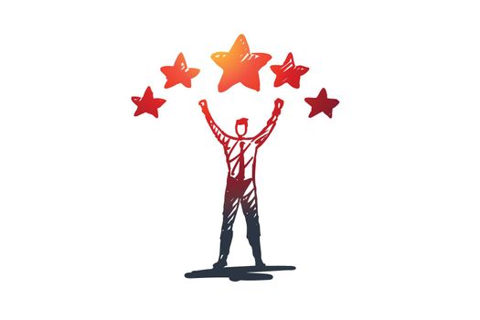 Experience, satisfaction, positive, rating concept. Hand drawn man and rating stars concept sketch. Isolated vector illustration.