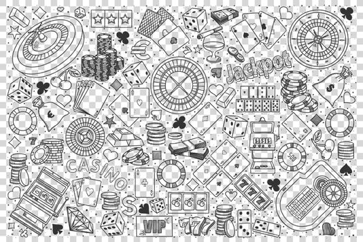 Casino doodle set. Collection of hand drawn sketches templates of club gambling poker roulette blackjack on transparent background. Game addiction and wasting money illustration.