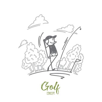 Golf concept. Hand drawn golfer hitting golf shot. Golf player on a field isolated vector illustration.