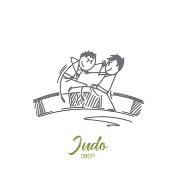 Judo concept. Hand drawn judo sport training in the sports hall. Fighters on the ring isolated vector illustration.