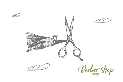 Barber shop concept. Hand drawn superhero with giant scissors in his hand. Flying hero with instrument for make haircut isolated vector illustration.