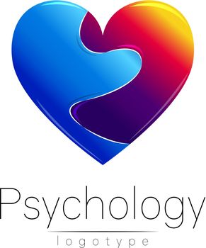 Modern logo of Psychology. Broken heart. . Creative style. Logotype in vector. Design concept. Brand company. Blue and grief red color on white background. Symbol for web, print, card, flyer. Loss pain