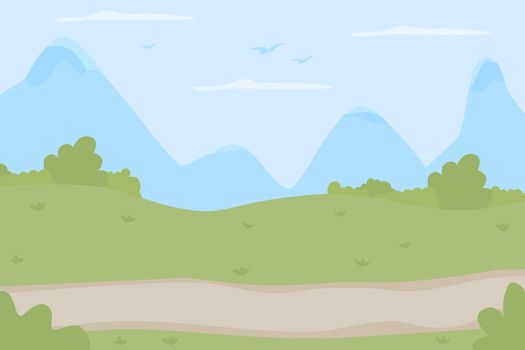 Scenic trail for trekking flat color vector illustration. Idyllic route for walking trip to countryside. Wilderness for outdoor leisure. Panoramic 2D cartoon landscape with mountain peak on background