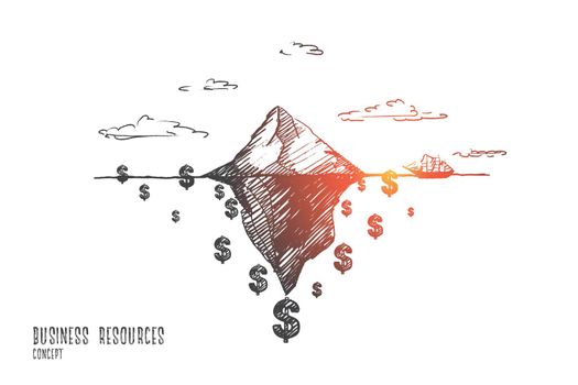 Business resources concept. Hand drawn iceberg as a symbol of huge resources. Dollar symbol isolated vector illustration.