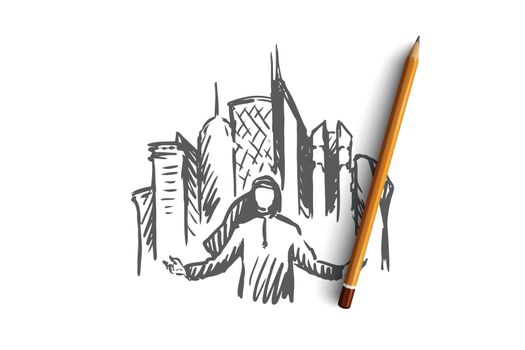 Megapolis, city, businessman, muslim concept. Hand drawn arab man and skyscrapers on background concept sketch. Isolated vector illustration.
