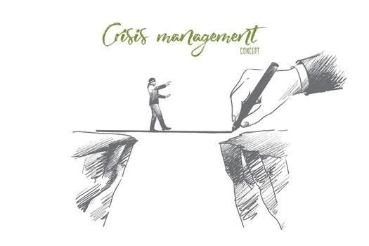 Crisis management concept. Hand drawn businessman is walking on a rope, symbol of crisis time in bussiness. Risking and making careful steps isolated vector illustration.