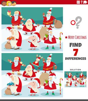 Cartoon illustration of finding differences between pictures educational game for children with Santa Claus characters on Christmas time