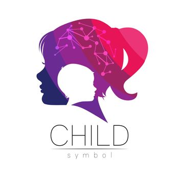 Child Girl Vector logotype in violet Color. Silhouette profile human head. Concept logo for people, children, autism, kids, therapy, clinic, education. Template symbol design.