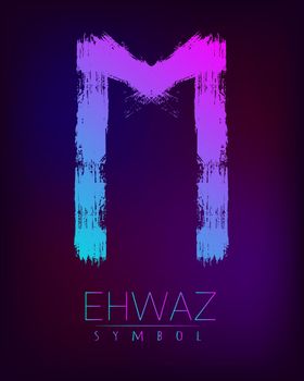 Rune Scandinavia is a Ehwaz riches vector illustration. Symbol of Futhark letters. Brush stripes with trend gradient blue pink color on blur dark background. Magic and mystery sign. Spiritual.