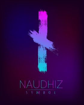 Rune Scandinavia is a Naudhiz riches vector illustration. Symbol of Futhark letters. Brush stripes with trend gradient blue pink color on blur dark background. Magic and mystery sign. Spiritual.