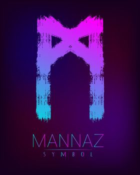 Rune Scandinavia is a Mannaz riches vector illustration. Symbol of Futhark letters. Brush stripes with trend gradient blue pink color on blur dark background. Magic and mystery sign. Spiritual.