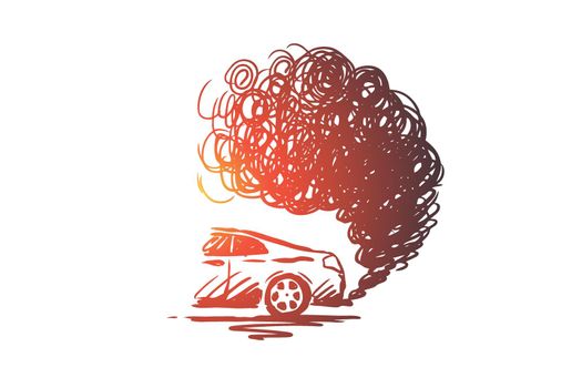 Pollution vector concept. Car with puffs of smoke behind it. Hand drawn sketch isolated illustration