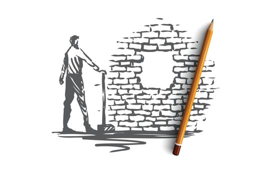 Overcoming, aim, goal, achievement vector concept. Man with showel standing and looking at hole in brick wall. Hand drawn sketch isolated illustration
