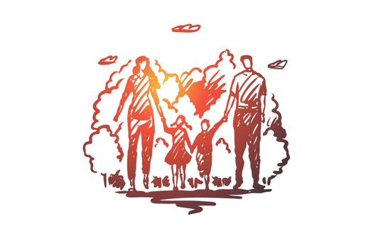 Family, walk, park, parents, leisure concept. Hand drawn happy family walking in park concept sketch. Isolated vector illustration.