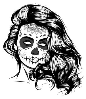 vector Illustration of black and white skull girl with rose in hairs on white background