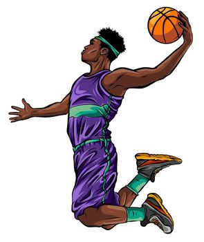 cartoon basketball player is moving dribble with a smile