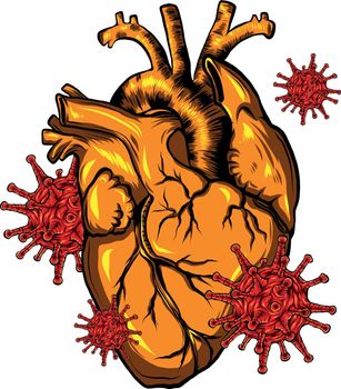 The negative effect of coronavirus on the human heart. covid 19 cells infect a human heart isolated on a white background. Vector illustration.