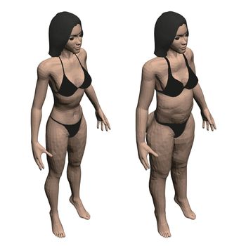 Two model girls in underwear, a slim and fat girl. The process of obesity of the girl body. Isometric view. 3D. Vector illustration.