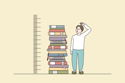 Boy stand near pile of books measuring growth by hand. Guy reading studying and learning with textbooks. Good education, knowledge and achievement concept. Flat vector illustration.