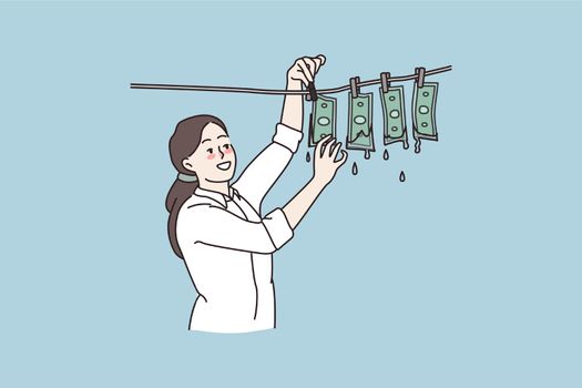 Smiling woman drying laundering money on rope. Criminal female wash illegally earned banknotes profit. Tax evasion and corruption. Dirty money concept. Flat cartoon vector illustration.
