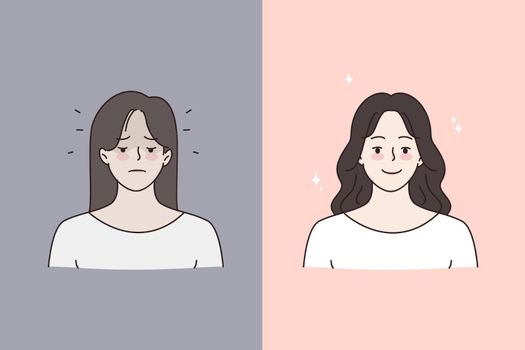 Woman sad before and happy after psychology session. Young female recovered after depression or nervous breakdown. Mental health concept. Makeup and beauty. Flat vector illustration.