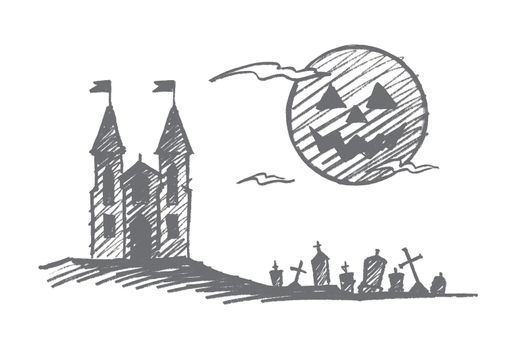 Vector hand drawn Halloween concept sketch. Halloween castle on hill, cemetery with graves and memorials and big full moon with scary face in sky