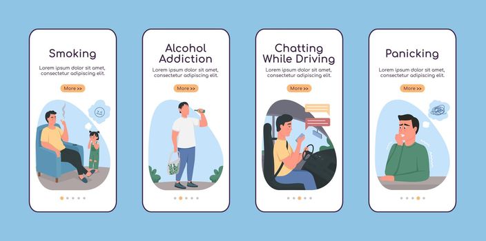Unhealthy habits onboarding mobile app screen flat vector template. Alcohol addiction. Walkthrough website 4 steps with characters. Creative UX, UI, GUI smartphone cartoon interface, case prints set