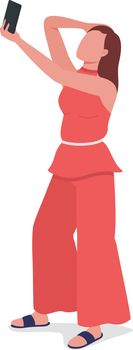 Woman taking selfie semi flat color vector character. Posing figure. Full body person on white. Photography isolated modern cartoon style illustration for graphic design and animation