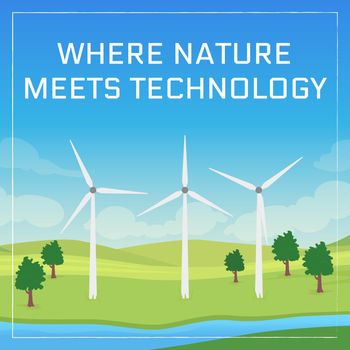Renewables innovation social media post mockup. Nature meets technology phrase. Web banner design template. Wind farm booster, content layout with inscription. Poster, print ads and flat illustration