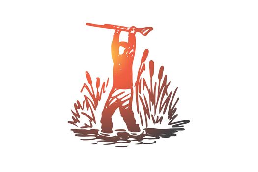 Hunting, sneaking, rifle, sport, weapon concept. Hand drawn hunter sneaks through the reeds concept sketch. Isolated vector illustration.