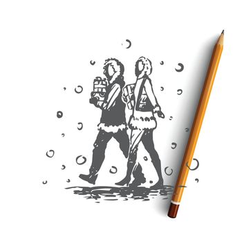 Christmas, shopping, man, woman, gifts concept. Hand drawn couple walking with gifts in hands concept sketch. Isolated vector illustration.