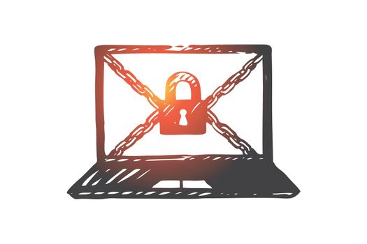 Computer, protection, access, data, lock concept. Hand drawn computer protected with lock concept sketch. Isolated vector illustration.