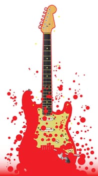 A typical red rock and roll guitar with a splatter background
