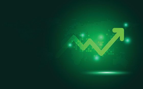 Futuristic green raise arrow chart digital transformation abstract technology background. Big data and business growth currency stock and investment indicator of set trade economy. Vector illustration