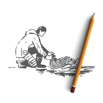 Animal, ocean, turtle, eco, help concept. Hand drawn man save turtle from net concept sketch. Isolated vector illustration.