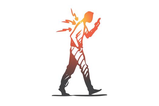 Posture, bad, spine, phone, walk concept. Hand drawn man has pain in spine while walking with mobile phone concept sketch. Isolated vector illustration.