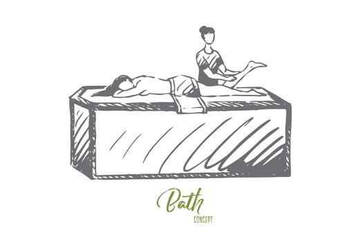Turkish, bath, relaxation, spa, leisure concept. Hand drawn woman relaxing in Turkish bath. Massage in sauna concept sketch. Isolated vector illustration.